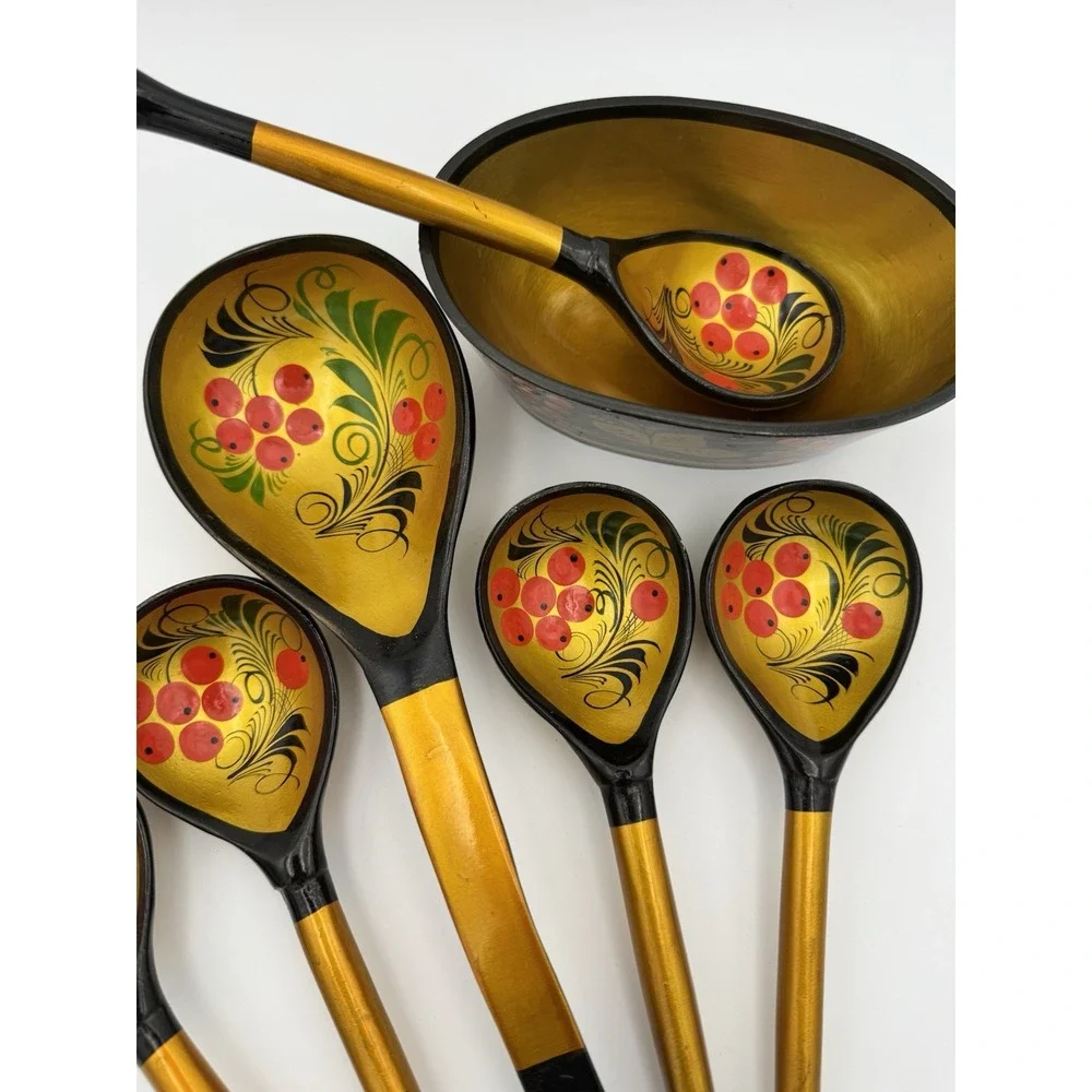 Vintage Russian Wooden‎ Khokhloma Spoons and bowl,  Hand-Painted, Lacquer Set